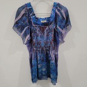 One World Womens Top Size Medium Butterfly‎ Chiffon Y2K Floral Colorful